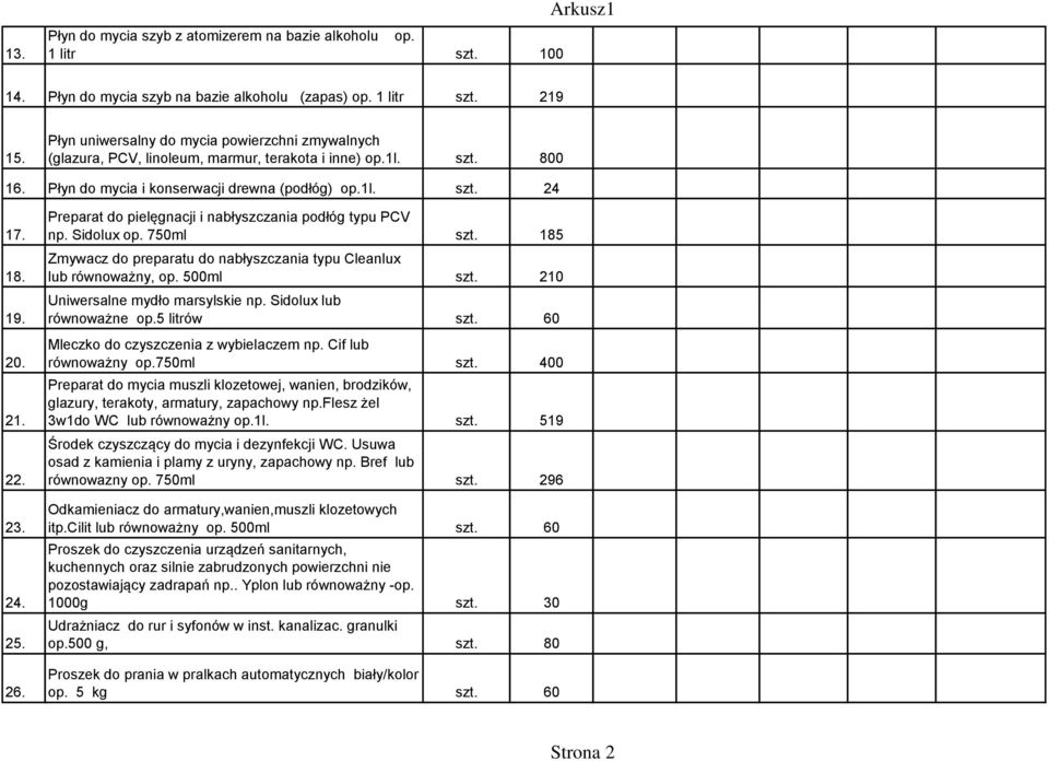 22. 23. 24. 25. 26. Preparat do pielęgnacji i nabłyszczania podłóg typu PCV np. Sidolux op. 750ml szt. 185 Zmywacz do preparatu do nabłyszczania typu Cleanlux lub równoważny, op. 500ml szt.