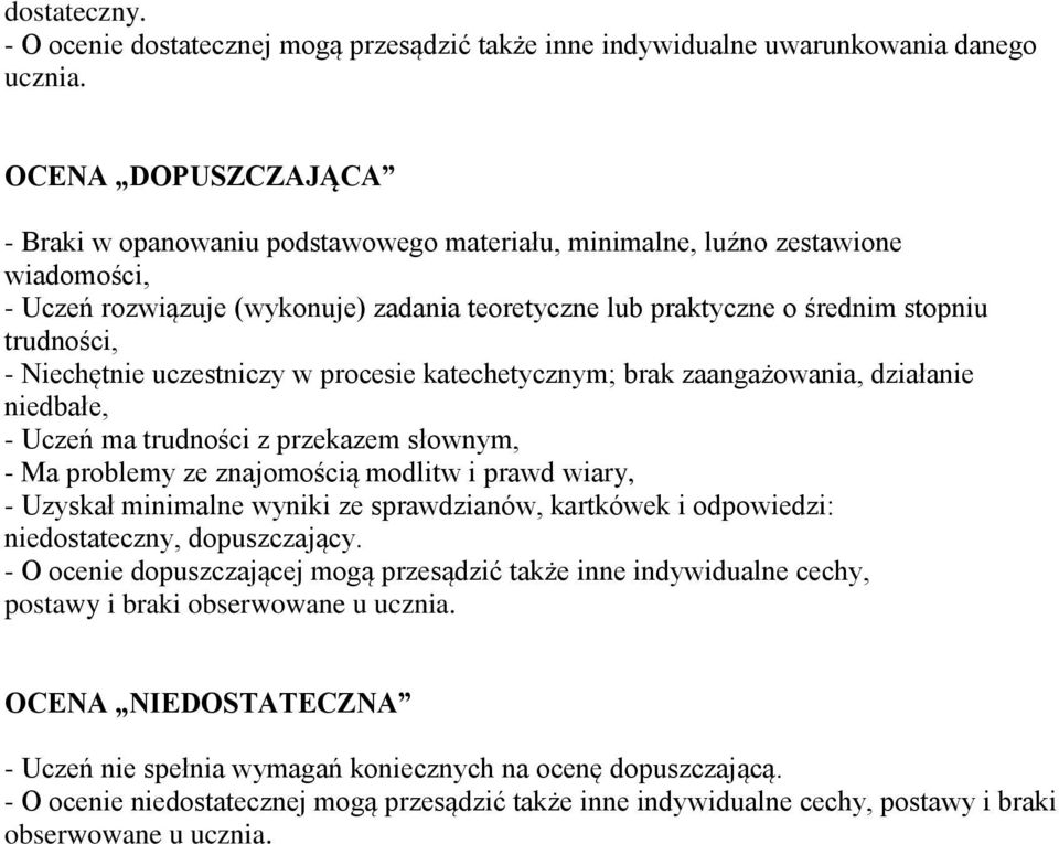 - Niechętnie uczestniczy w procesie katechetycznym; brak zaangażowania, działanie niedbałe, - Uczeń ma trudności z przekazem słownym, - Ma problemy ze znajomością modlitw i prawd wiary, - Uzyskał