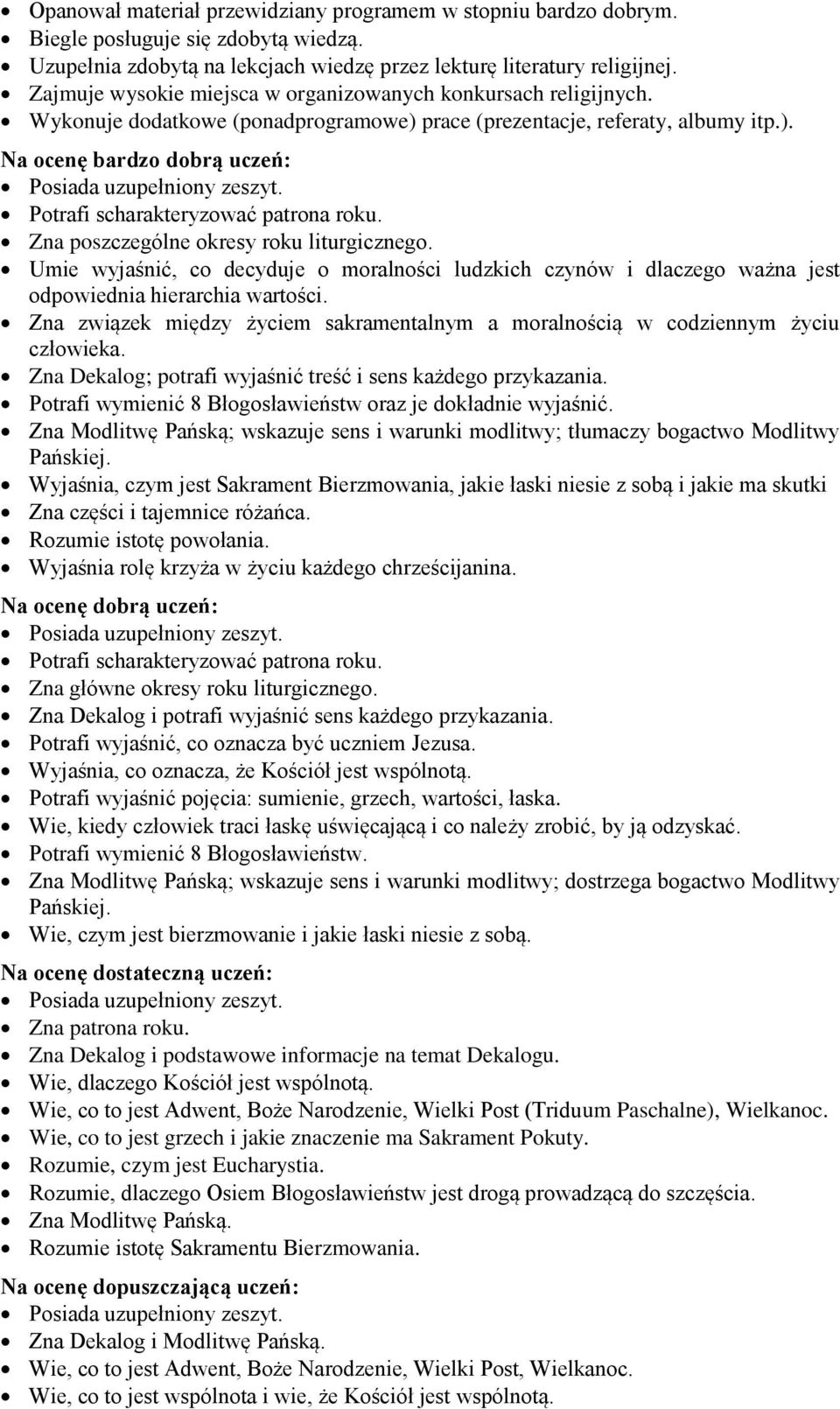 Potrafi scharakteryzować patrona roku. Zna poszczególne okresy roku liturgicznego. Umie wyjaśnić, co decyduje o moralności ludzkich czynów i dlaczego ważna jest odpowiednia hierarchia wartości.