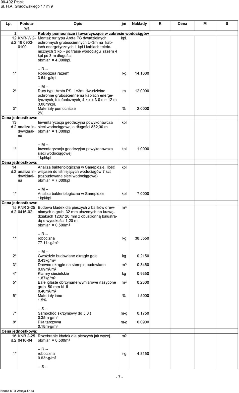 000kpl. 1* Robocizna razem' 3.54r-g/kpl. 2* Rury typu Arota PS L=3m dwudzielne ochronne grubościenne na kablach energetycznych, telefonicznych, 4 kpl x 3.0 m= 12 m 3.00m/kpl.