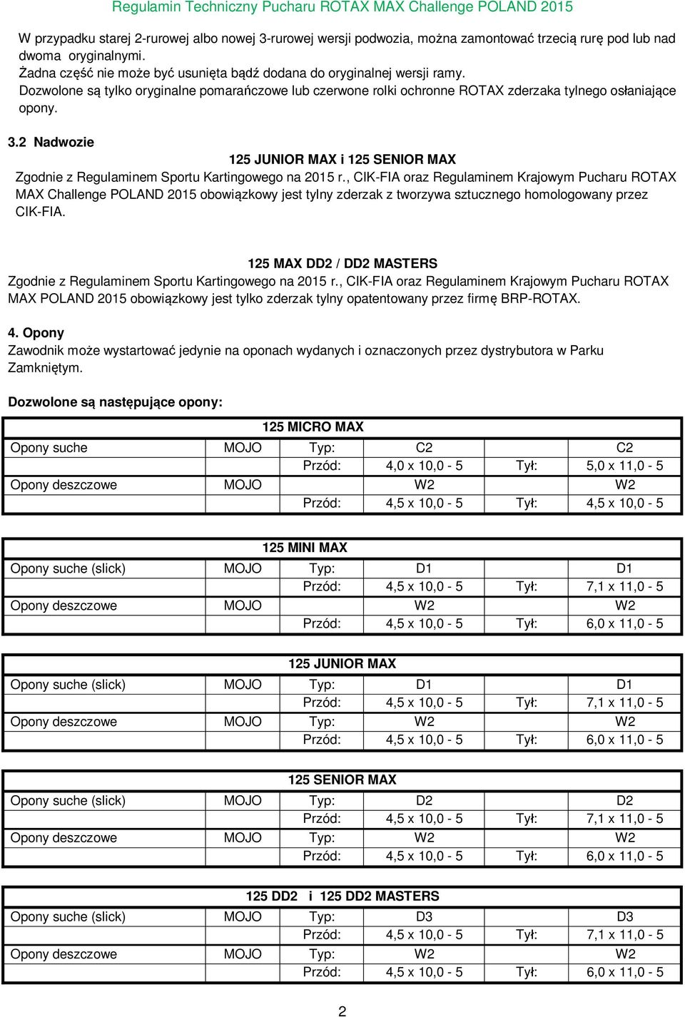 2 Nadwozie 125 JUNIOR MAX i 125 SENIOR MAX Zgodnie z Regulaminem Sportu Kartingowego na 2015 r.