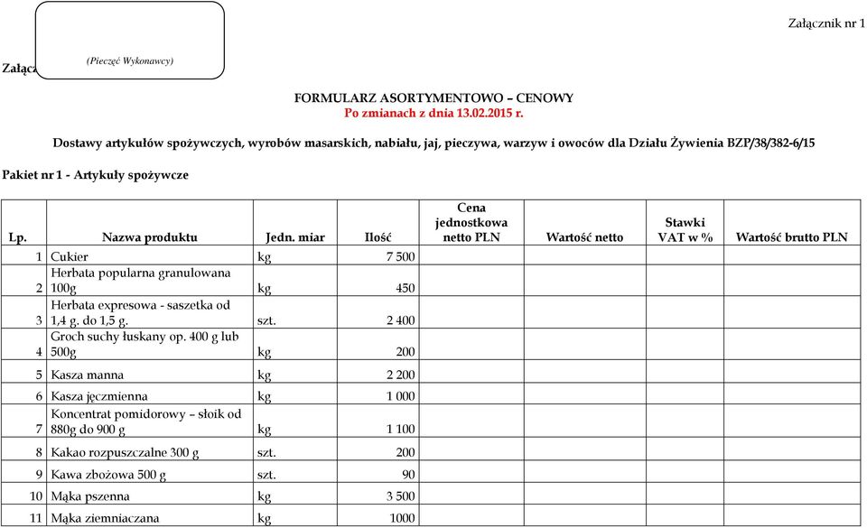 miar Ilość 1 Cukier kg 7 500 Herbata popularna granulowana 2 100g kg 450 Herbata expresowa - saszetka od 3 1,4 g. do 1,5 g. szt. 2 400 Groch suchy łuskany op.