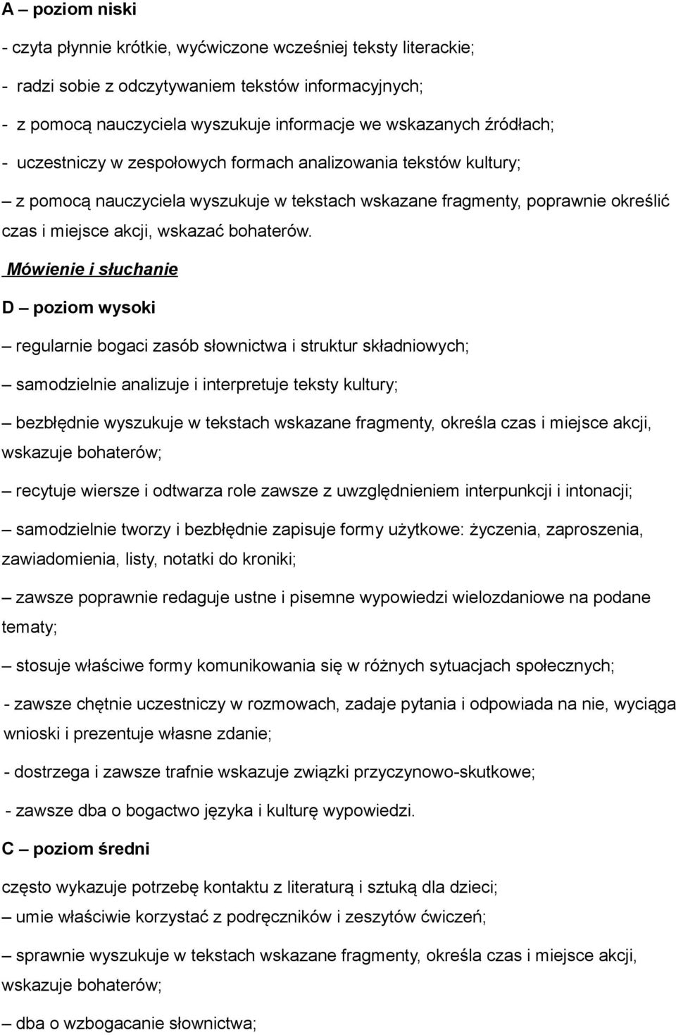 Mówienie i słuchanie D poziom wysoki regularnie bogaci zasób słownictwa i struktur składniowych; samodzielnie analizuje i interpretuje teksty kultury; bezbłędnie wyszukuje w tekstach wskazane