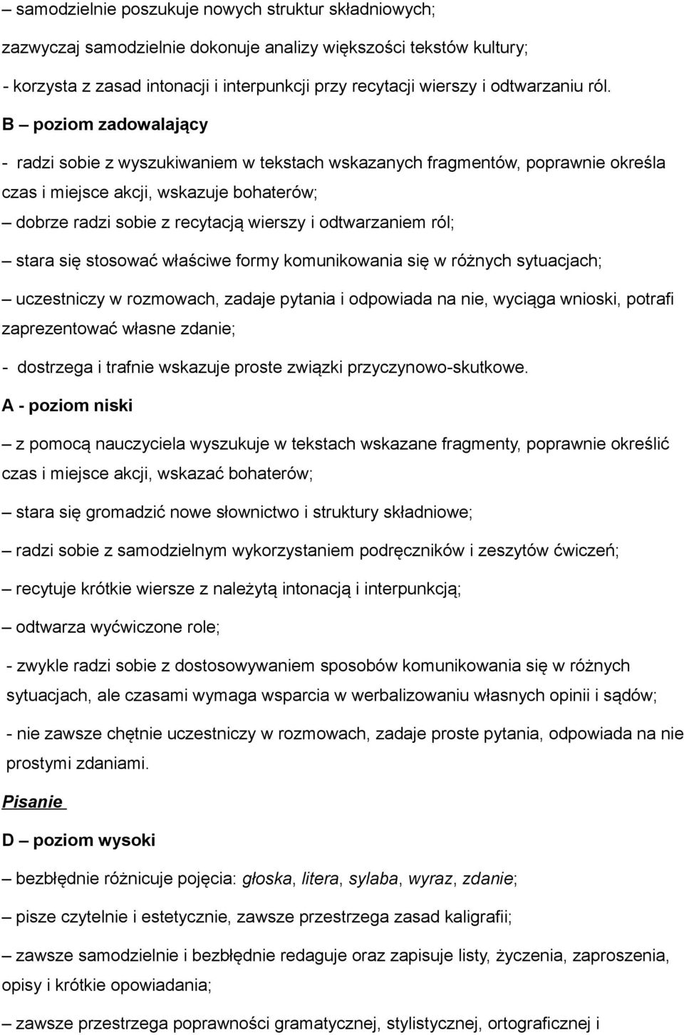 B poziom zadowalający - radzi sobie z wyszukiwaniem w tekstach wskazanych fragmentów, poprawnie określa czas i miejsce akcji, wskazuje bohaterów; dobrze radzi sobie z recytacją wierszy i odtwarzaniem