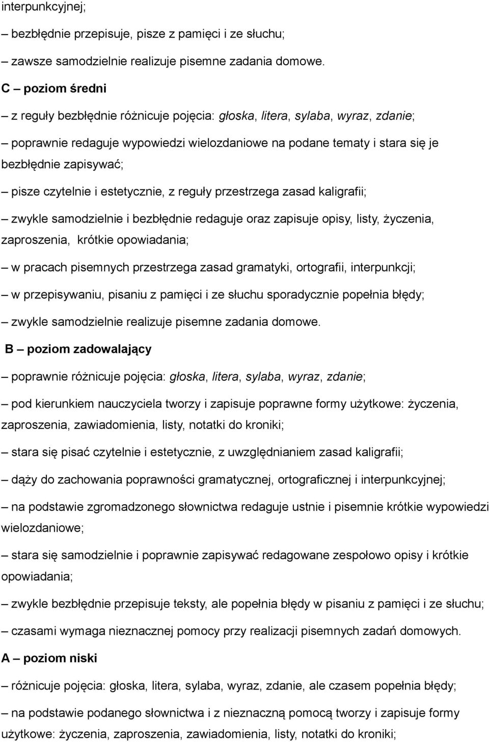 czytelnie i estetycznie, z reguły przestrzega zasad kaligrafii; zwykle samodzielnie i bezbłędnie redaguje oraz zapisuje opisy, listy, życzenia, zaproszenia, krótkie opowiadania; w pracach pisemnych