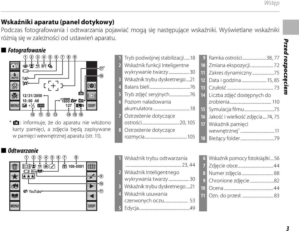 Odtwarzanie MENU YouTube 100-0001 DISP 1 Tryb podwójnej stabilizacji...18 2 Wskaźnik funkcji Inteligentne wykrywanie twarzy... 30 3 Wskaźnik trybu dyskretnego...21 4 Balans bieli.