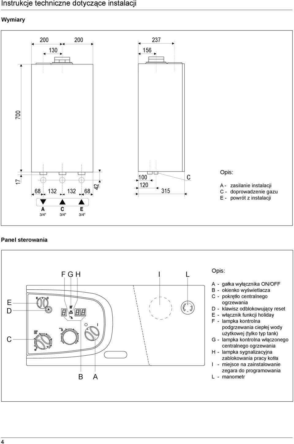 centralnego ogrzewania D - klawisz odblokowujący reset E - włącznik funkcji holiday F - lampka kontrolna podgrzewania ciepłej wody użytkowej (tylko typ