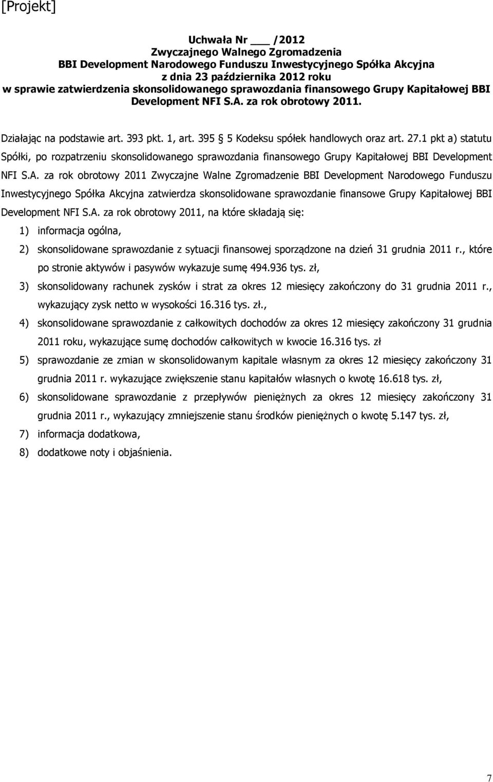 za rok obrotowy 2011 Zwyczajne Walne Zgromadzenie BBI Development Narodowego Funduszu Inwestycyjnego Spółka Akcyjna zatwierdza skonsolidowane sprawozdanie finansowe Grupy Kapitałowej BBI Development