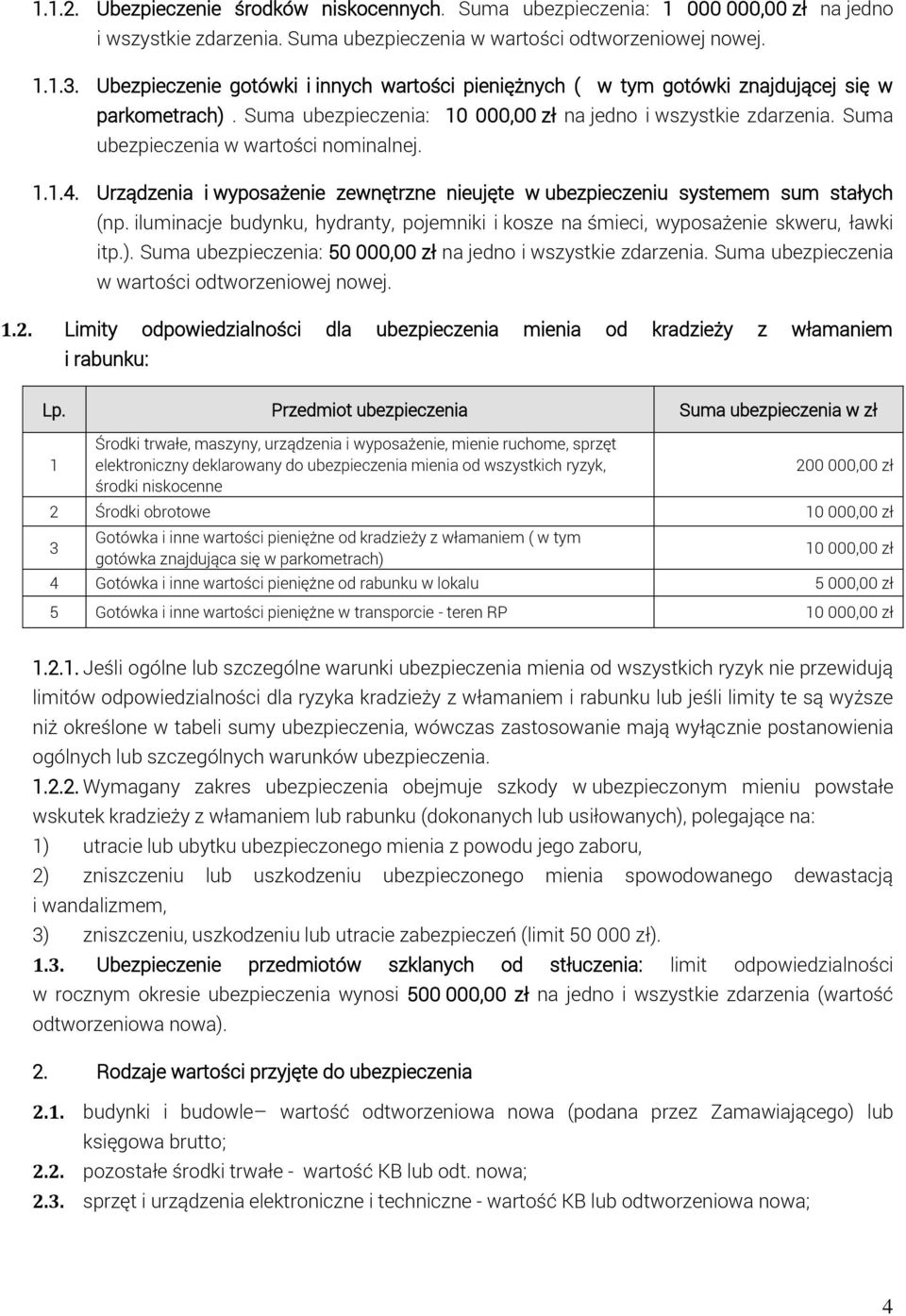 Suma ubezpieczenia w wartości nominalnej. 1.1.4. Urządzenia i wyposażenie zewnętrzne nieujęte w ubezpieczeniu systemem sum stałych (np.