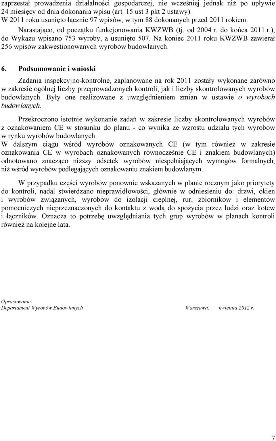 ), do Wykazu wpisano 753 wyroby, a usunięto 507. Na koniec 2011 roku KWZWB zawierał 256 wpisów zakwestionowanych wyrobów budowlanych. 6.