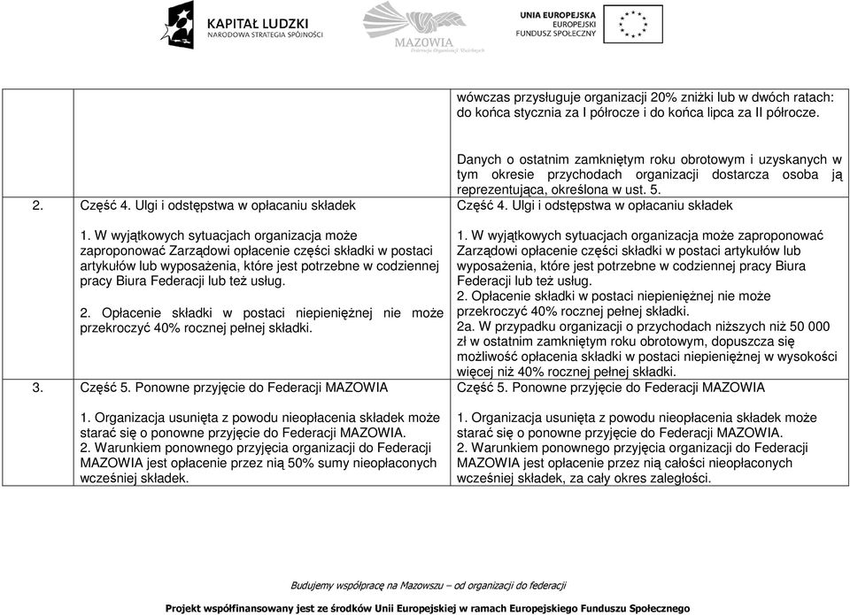 Opłacenie składki w postaci niepieniężnej nie może przekroczyć 40% rocznej pełnej składki. 3. Część 5. Ponowne przyjęcie do Federacji MAZOWIA 1.