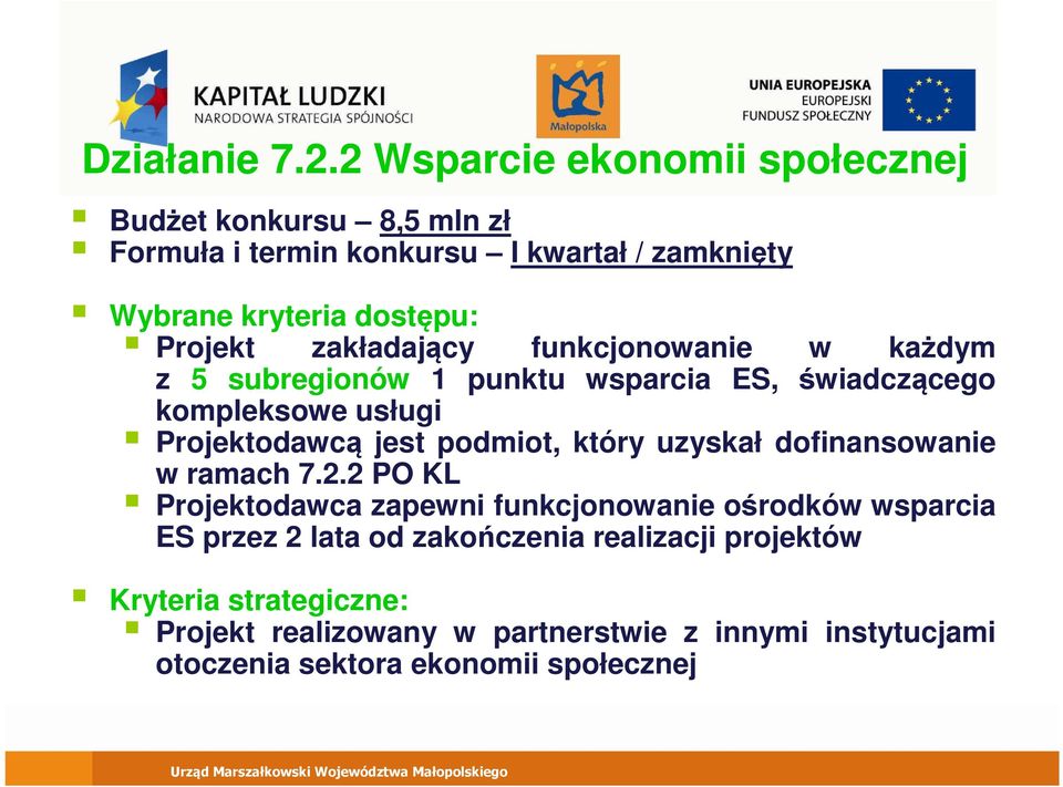 funkcjonowanie w każdym z 5 subregionów 1 punktu wsparcia ES, świadczącego kompleksowe usługi Projektodawcą jest podmiot, który