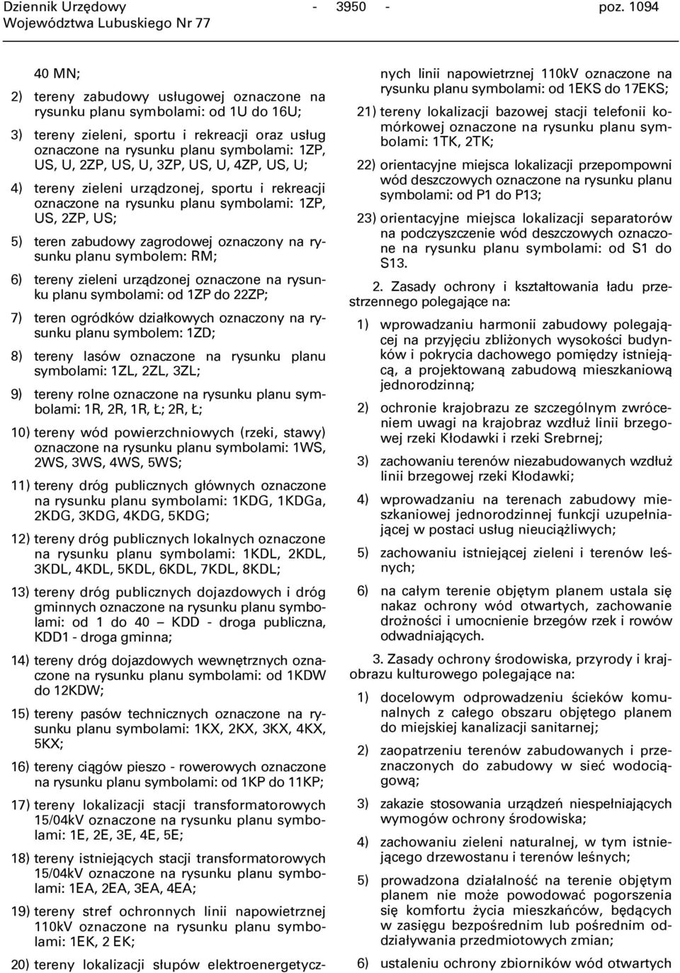 US, U, 3ZP, US, U, 4ZP, US, U; 4) tereny zieleni urządzonej, sportu i rekreacji oznaczone na rysunku planu symbolami: 1ZP, US, 2ZP, US; 5) teren zabudowy zagrodowej oznaczony na rysunku planu