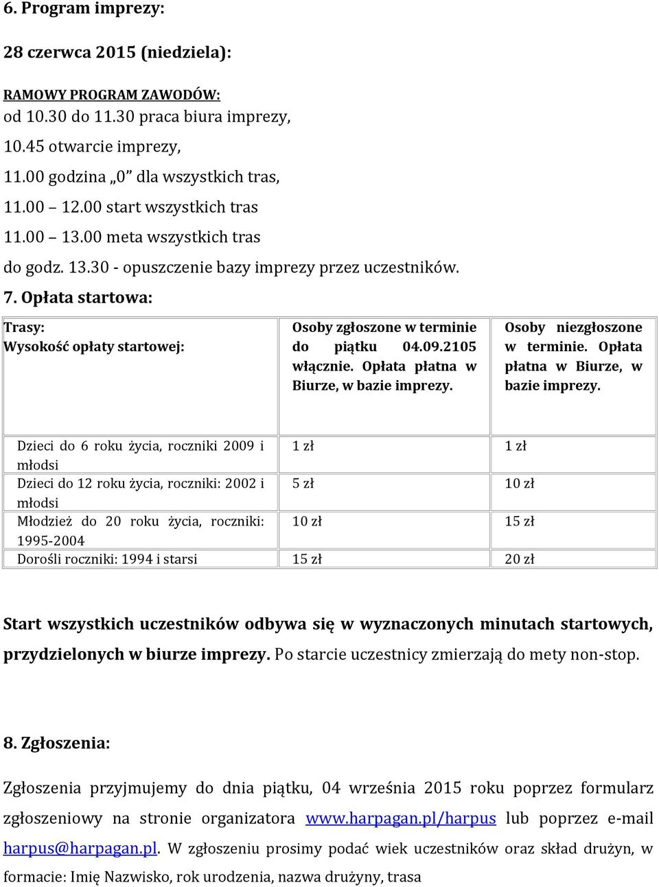 Opłata startowa: Trasy: Wysokość opłaty startowej: Osoby zgłoszone w terminie do piątku 04.09.2105 włącznie. Opłata płatna w Biurze, w bazie imprezy. Osoby niezgłoszone w terminie.
