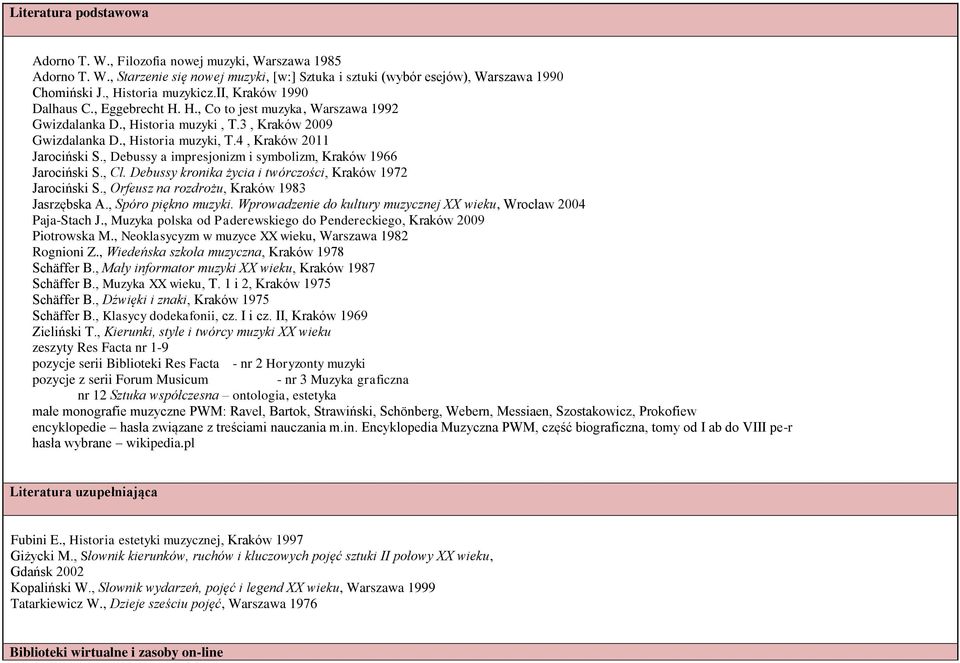 , Debussy a impresjonizm i symbolizm, Kraków 1966 Jarociński S., Cl. Debussy kronika życia i twórczości, Kraków 197 Jarociński S., Orfeusz na rozdrożu, Kraków 1983 Jasrzębska A., Spóro piękno muzyki.