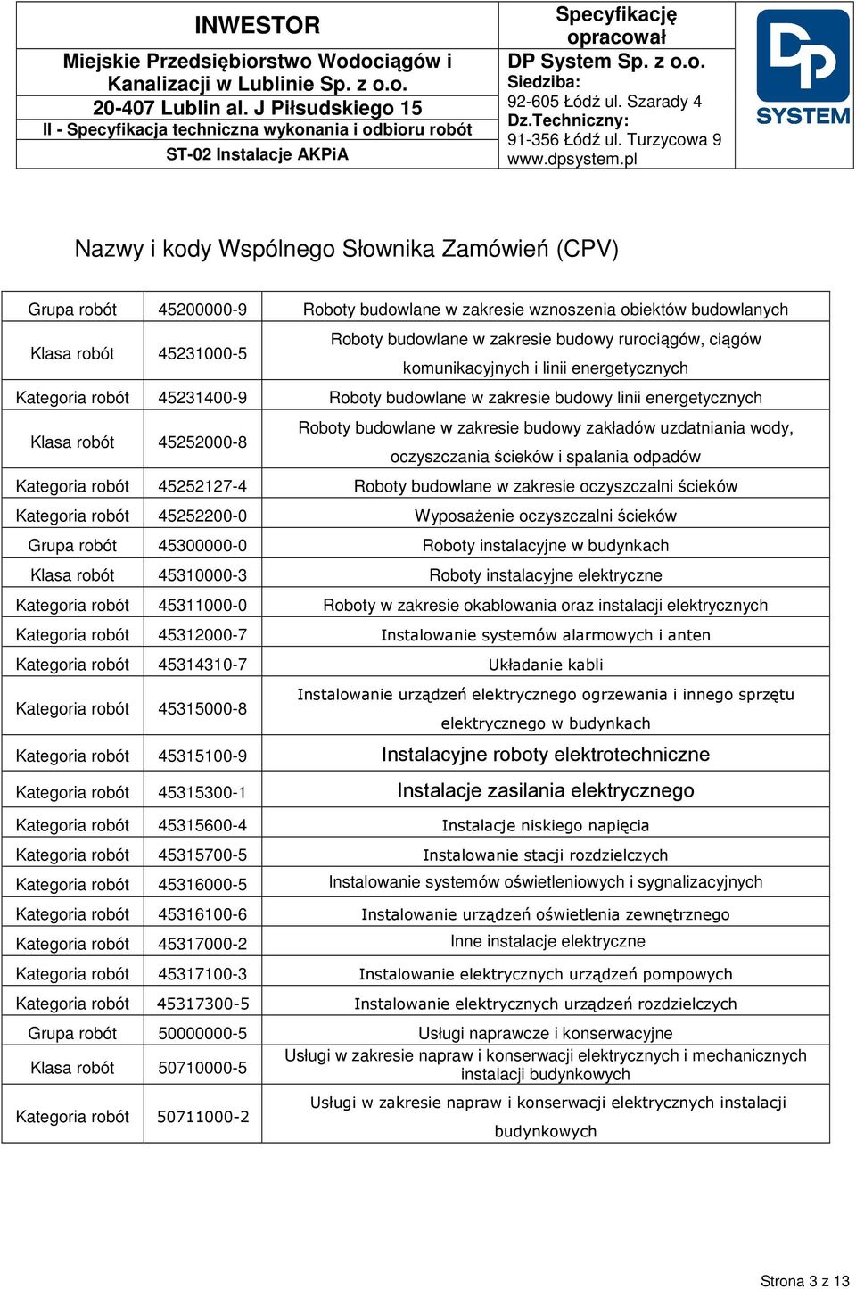 uzdatniania wody, oczyszczania ścieków i spalania odpadów Kategoria robót 45252127-4 Roboty budowlane w zakresie oczyszczalni ścieków Kategoria robót 45252200-0 Wyposażenie oczyszczalni ścieków Grupa