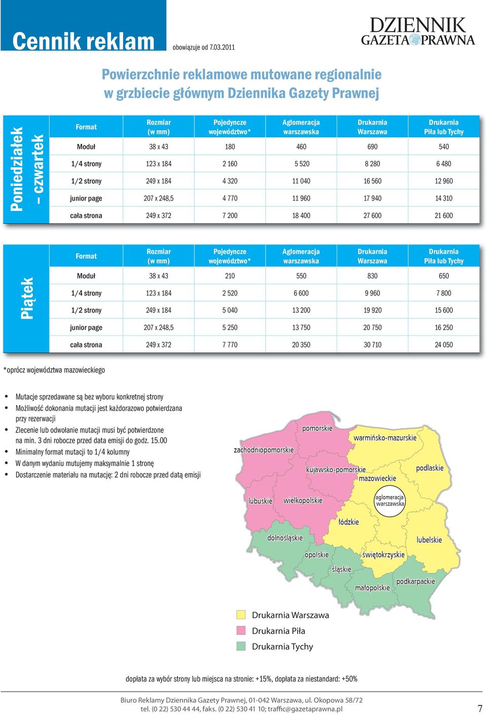 cała strona 249 x 372 7 200 18 400 27 600 21 600 Piątek Format Rozmiar (w mm) Pojedyncze województwo* Aglomeracja warszawska Drukarnia Warszawa Drukarnia Piła lub Tychy Moduł 38 x 43 210 550 830 650