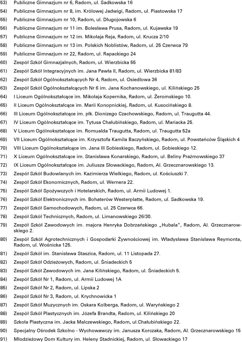 Polskich Noblistów, Radom, ul. 25 Czerwca 79 59) Publiczne Gimnazjum nr 22, Radom, ul. Rapackiego 24 60) Zespół Szkół Gimnazjalnych, Radom, ul. Wierzbicka 55 61) Zespół Szkół Integracyjnych im.