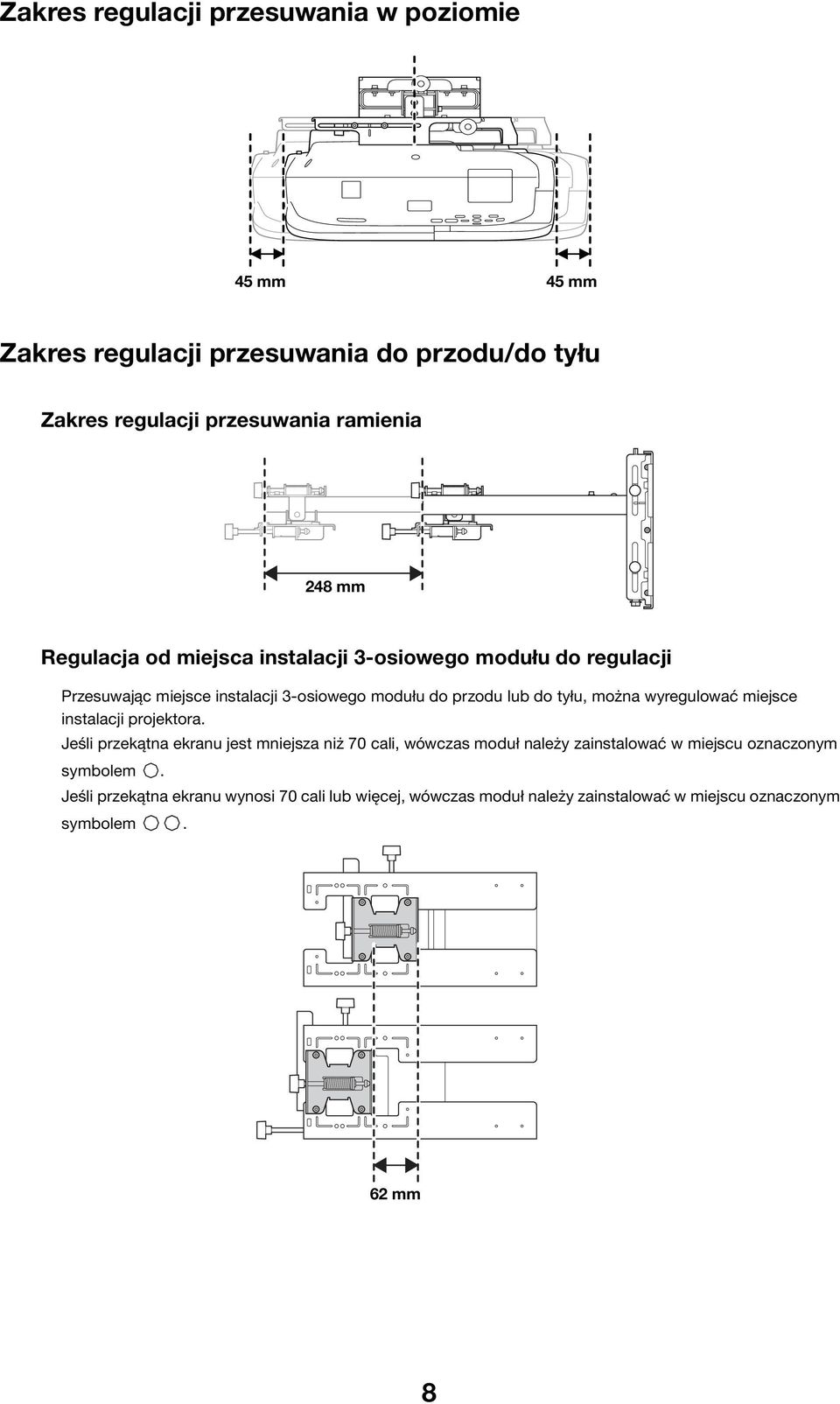 można wyregulować miejsce instalacji projektora.