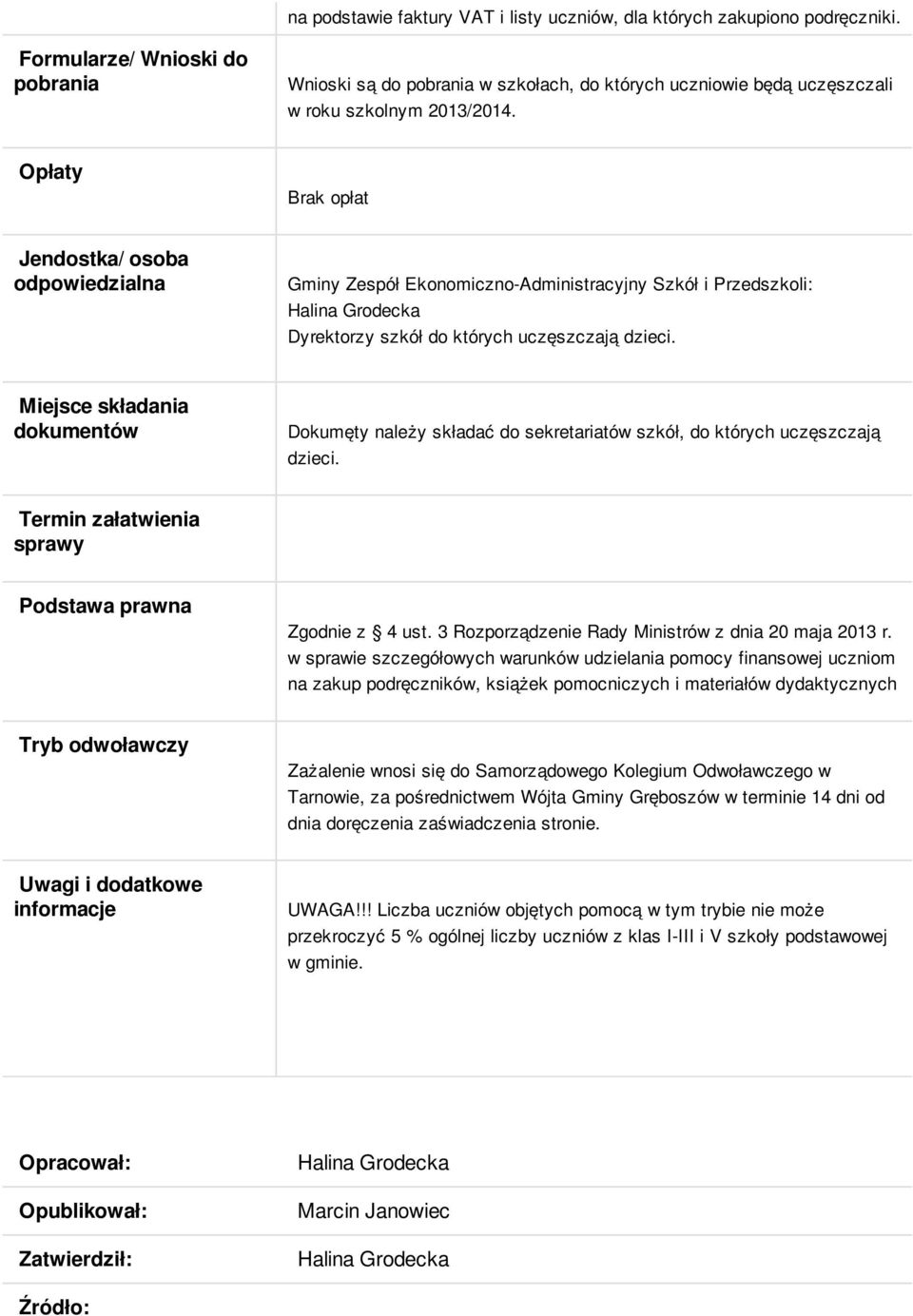 Miejsce składania kumentów Dokumęty należy składać sekretariatów szkół, których uczęszczają dzieci. Termin załatwienia sprawy Podstawa prawna Zgodnie z 4 ust.