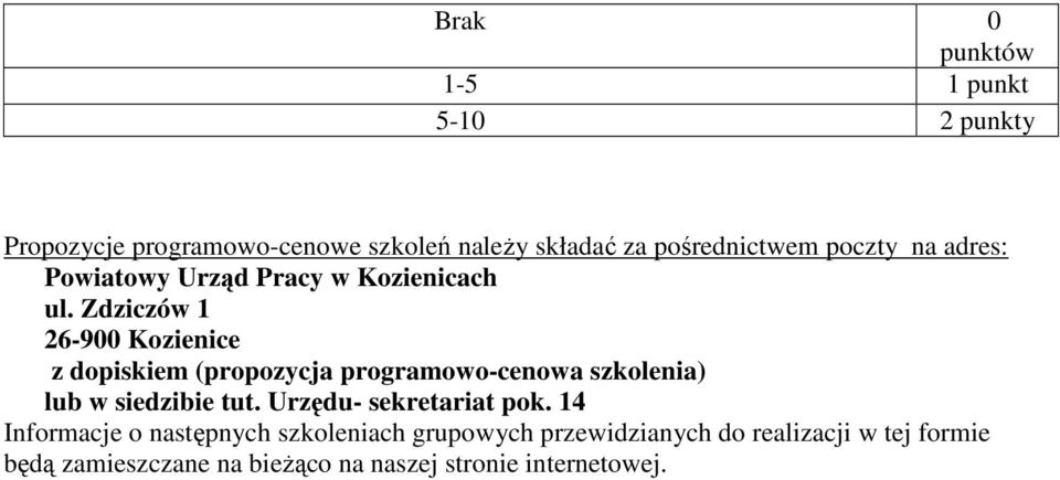 Zdziczów 1 26-900 Kozienice z dopiskiem (propozycja programowo-cenowa szkolenia) lub w siedzibie tut.