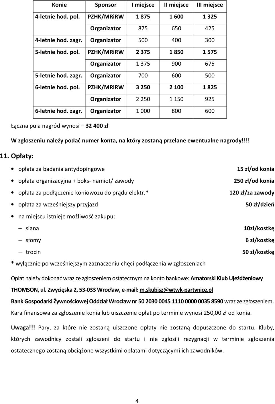 Organizator 1 000 800 600 Łączna pula nagród wynosi 32 400 zł W zgłoszeniu należy podać numer konta, na który zostaną przelane ewentualne nagrody!!!! 11.