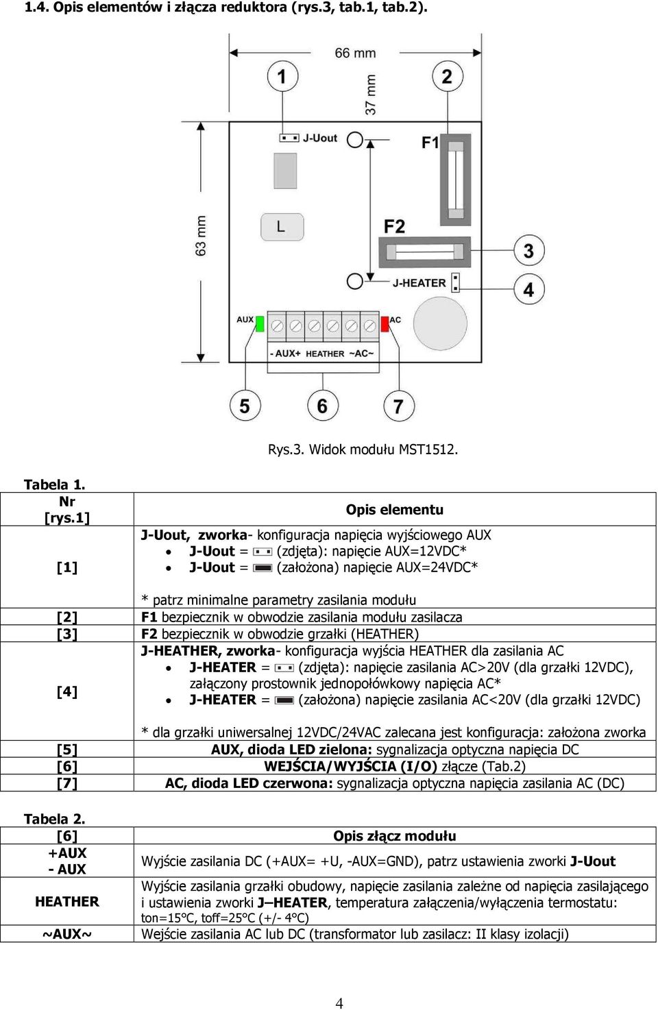[2] F1 bezpiecznik w obwodzie zasilania modułu zasilacza [3] F2 bezpiecznik w obwodzie grzałki (HEATHER) J-HEATHER, zworka- konfiguracja wyjścia HEATHER dla zasilania AC J-HEATER = (zdjęta): napięcie