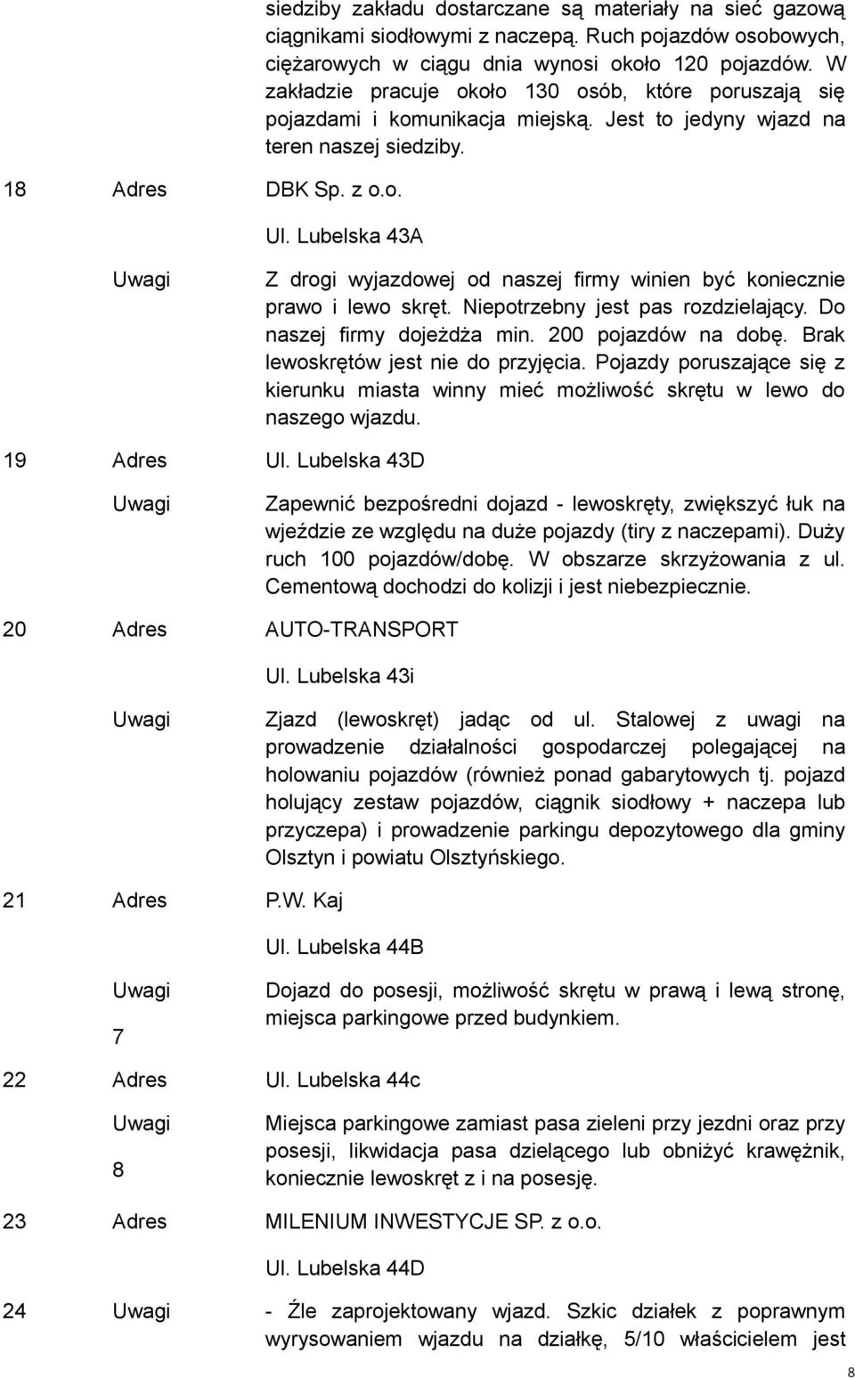 Lubelska 43A Z drogi wyjazdowej od naszej firmy winien być koniecznie prawo i lewo skręt. Niepotrzebny jest pas rozdzielający. Do naszej firmy dojeżdża min. 200 pojazdów na dobę.