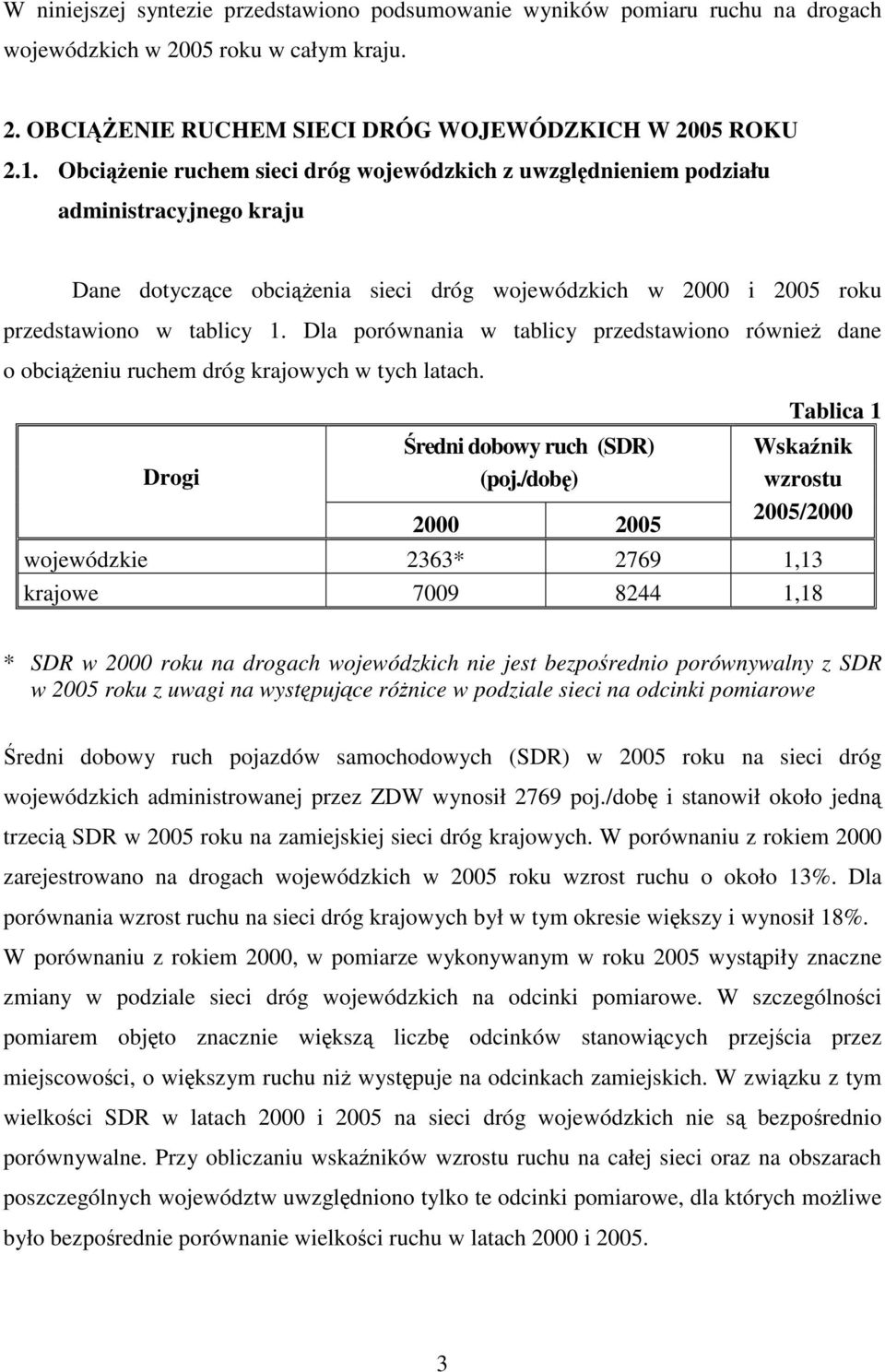 Dla porównania w tablicy przedstawiono również dane o obciążeniu ruchem dróg krajowych w tych latach. Drogi Średni dobowy ruch (SDR) (poj.