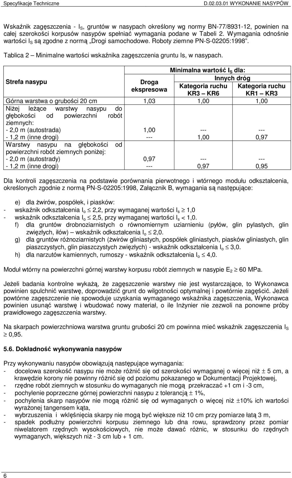 Minimalna wartość I S dla: Innych dróg Strefa nasypu Droga Kategoria ruchu ekspresowa KR3 KR6 Górna warstwa o grubości 20 cm 1,03 1,00 1,00 Niżej leżące warstwy nasypu do głębokości od powierzchni