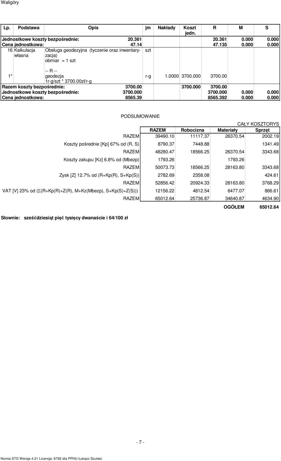 00zł/r-g Raze koszty bezpośrednie: 3700.00 3700.000 3700.00 Jednostkowe koszty bezpośrednie: 3700.000 3700.000 0.000 0.000 Cena jednostkowa: 8565.39 8565.392 0.000 0.000 PODSUMOWANIE CAŁY KOSZTORYS RAZEM Robocizna Materiały Sprzęt RAZEM 39490.