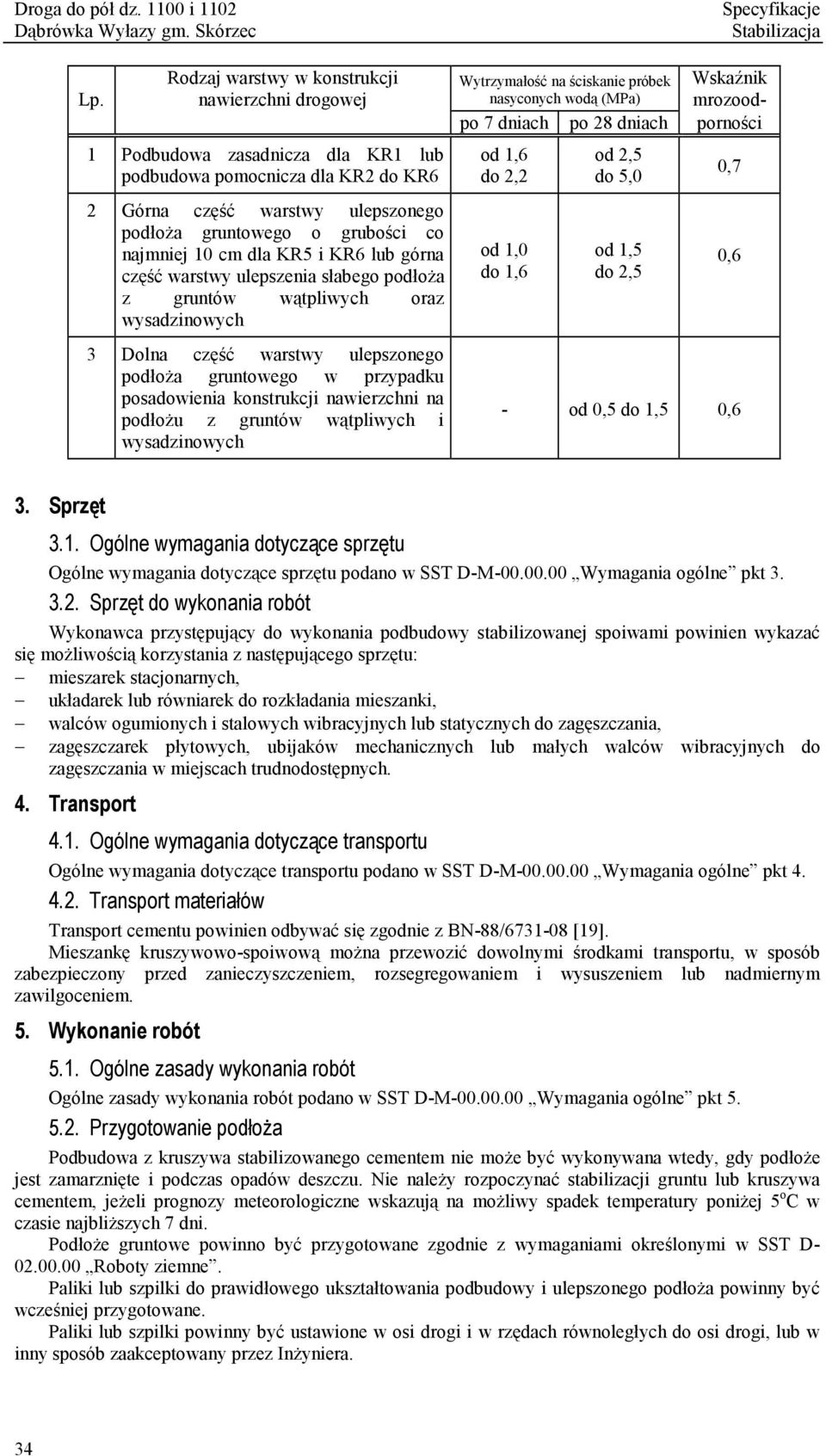 konstrukcji nawierzchni na podłożu z gruntów wątpliwych i wysadzinowych Wytrzymałość na ściskanie próbek nasyconych wodą (MPa) Wskaźnik mrozoodpo 7 dniach po 28 dniach porności od 1,6 do 2,2 od 1,0