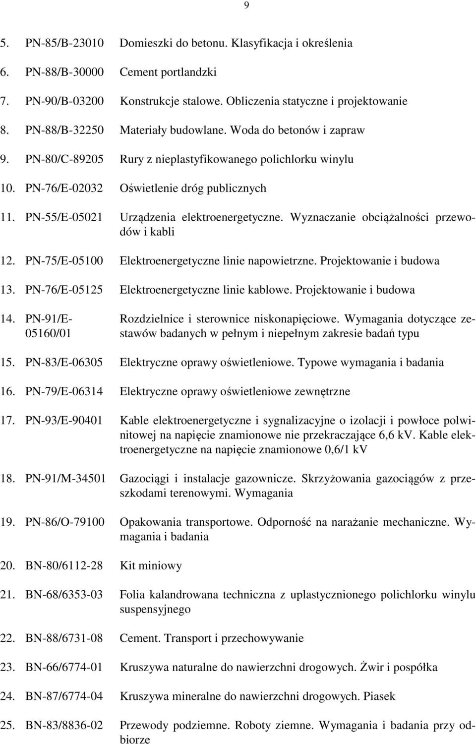 PN-55/E-05021 Urządzenia elektroenergetyczne. Wyznaczanie obciążalności przewodów i kabli 12. PN-75/E-05100 Elektroenergetyczne linie napowietrzne. Projektowanie i budowa 13.