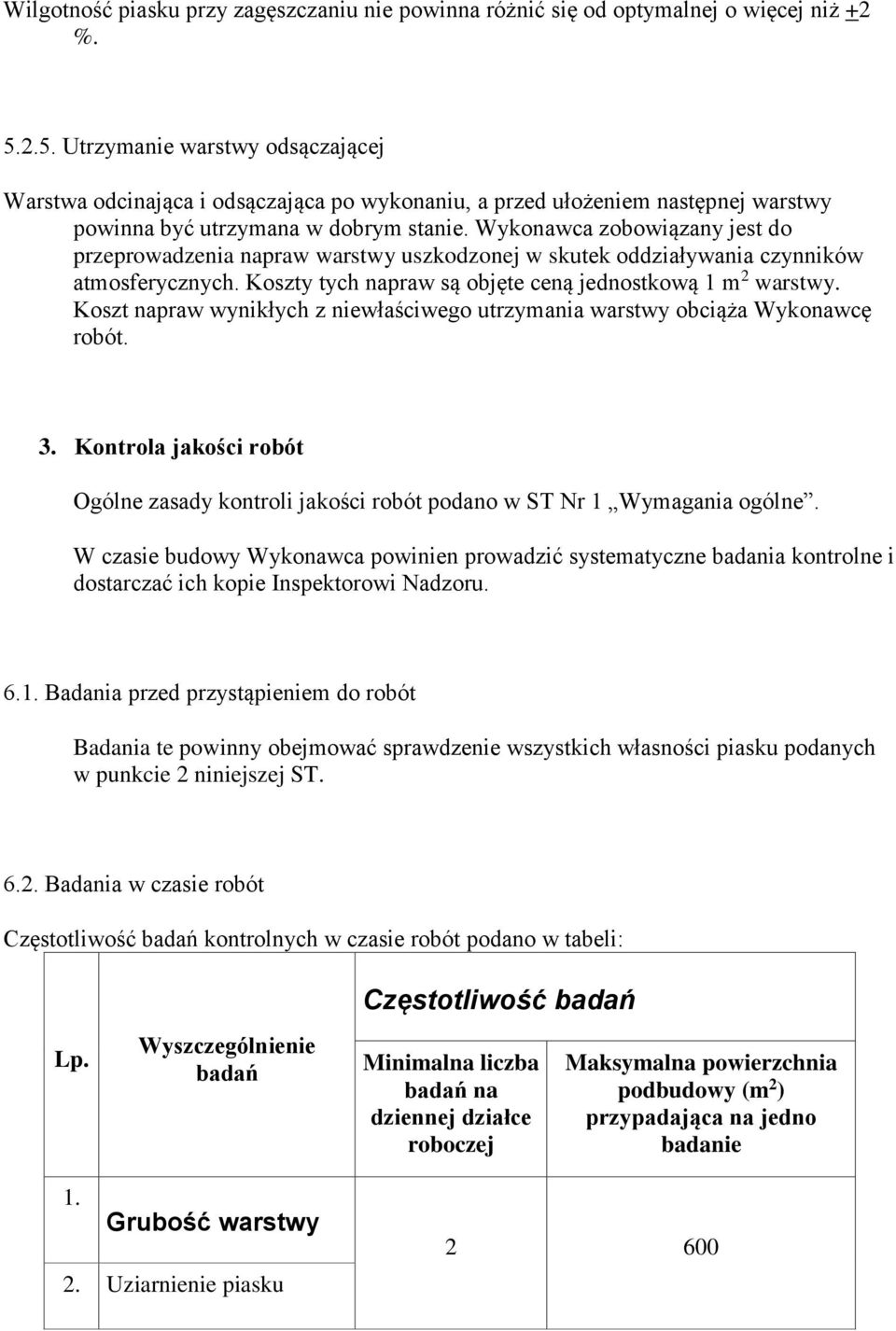 Wykonawca zobowiązany jest do przeprowadzenia napraw warstwy uszkodzonej w skutek oddziaływania czynników atmosferycznych. Koszty tych napraw są objęte ceną jednostkową 1 m 2 warstwy.