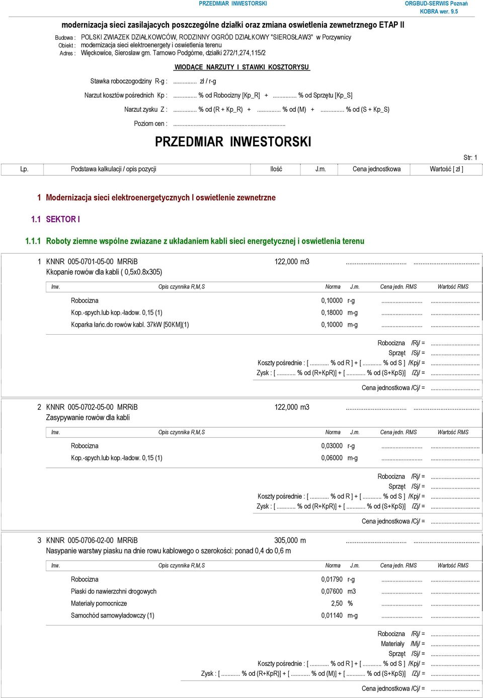 .. % od Sprzętu [Kp_S] Narzut zysku Z :... % od (R + Kp_R) +... % od (M) +... % od (S + Kp_S) Poziom cen :.