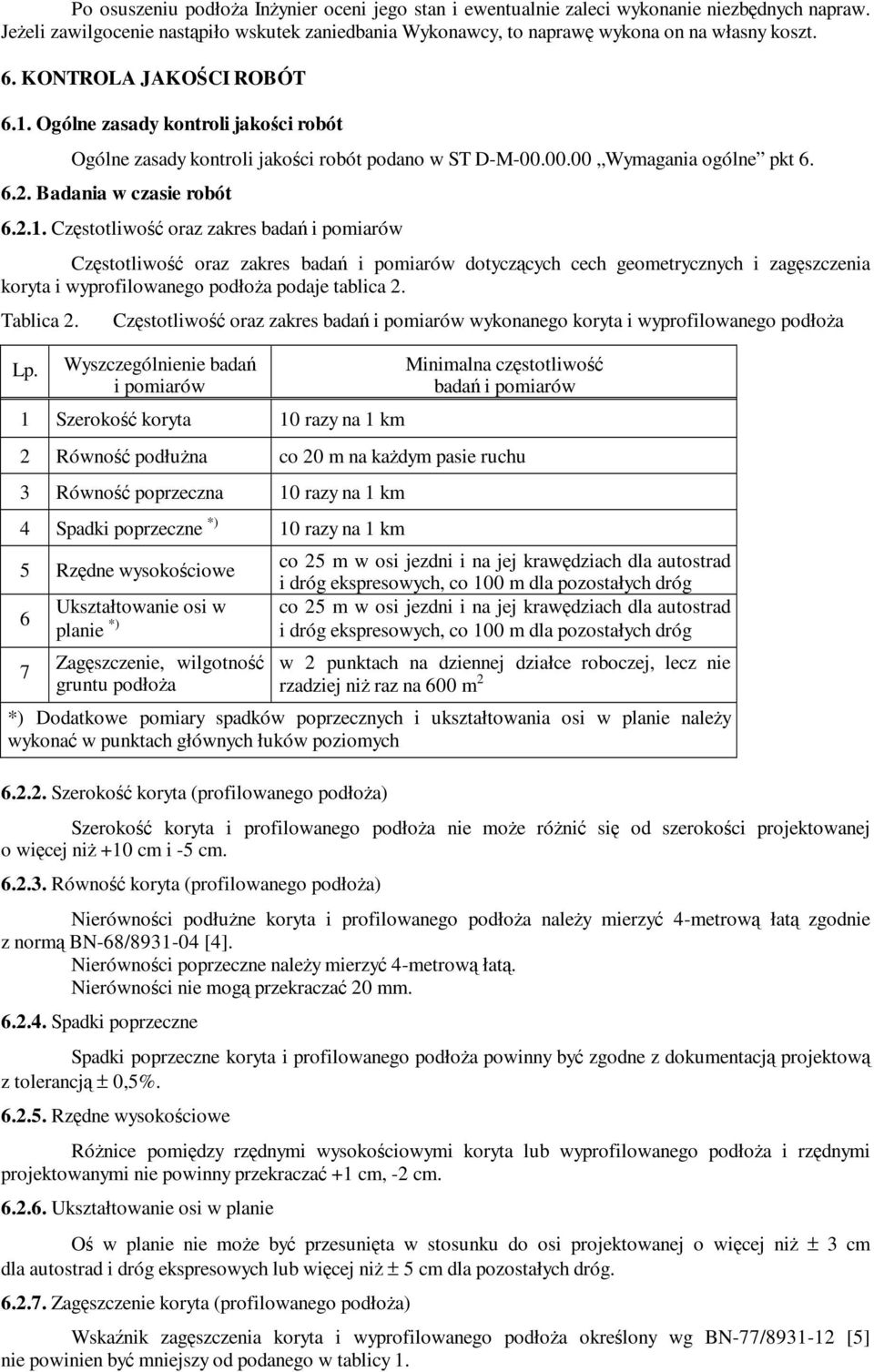 Ogólne zasady kontroli jakości robót Ogólne zasady kontroli jakości robót podano w ST D-M-00.00.00 Wymagania ogólne pkt 6. 6.2. Badania w czasie robót 6.2.1.