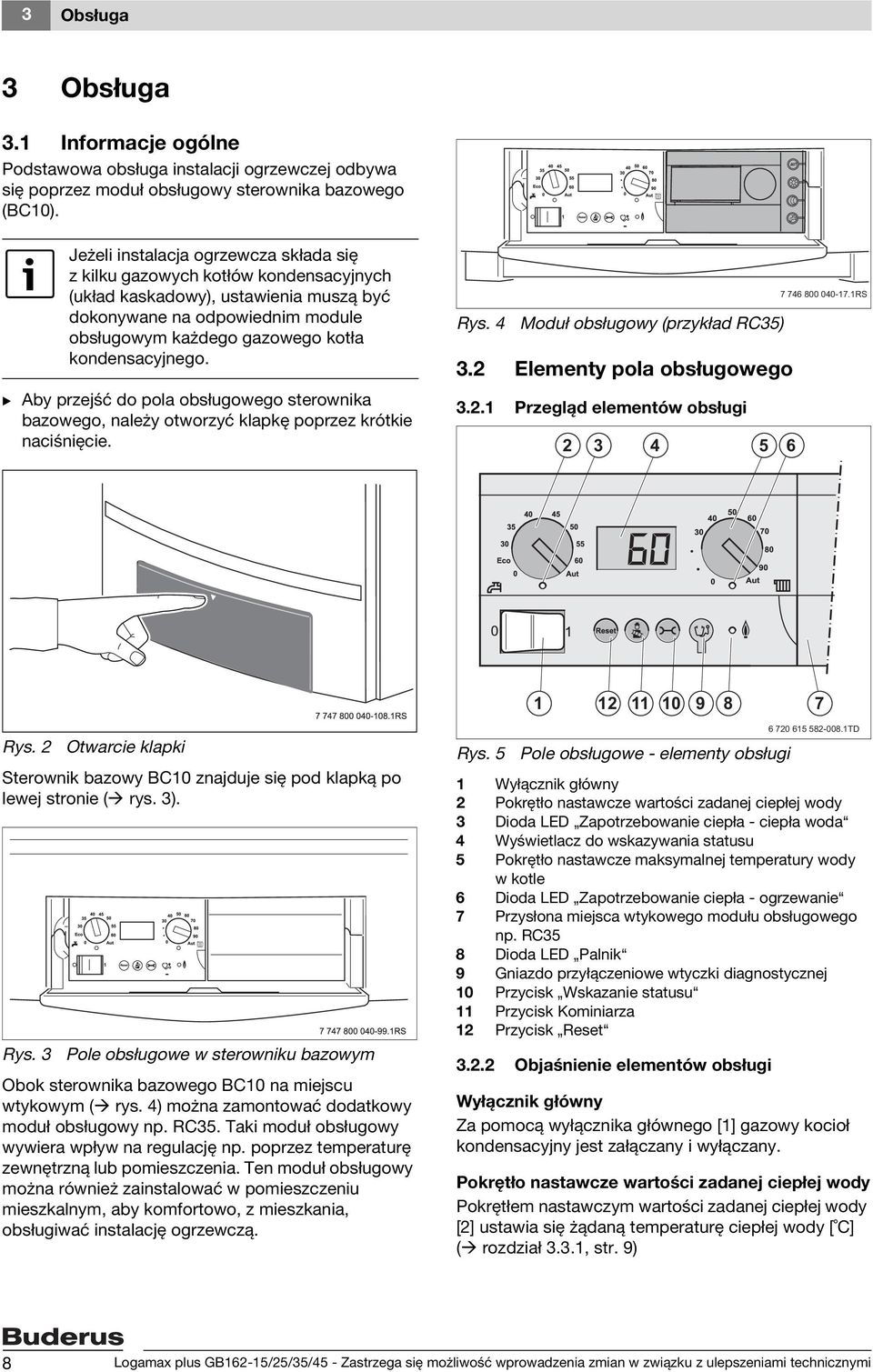 kondensacyjnego. B Aby przejść do pola obsługowego sterownika bazowego, należy otworzyć klapkę poprzez krótkie naciśnięcie. Rys. 4 Moduł obsługowy (przykład RC35) 3.2 