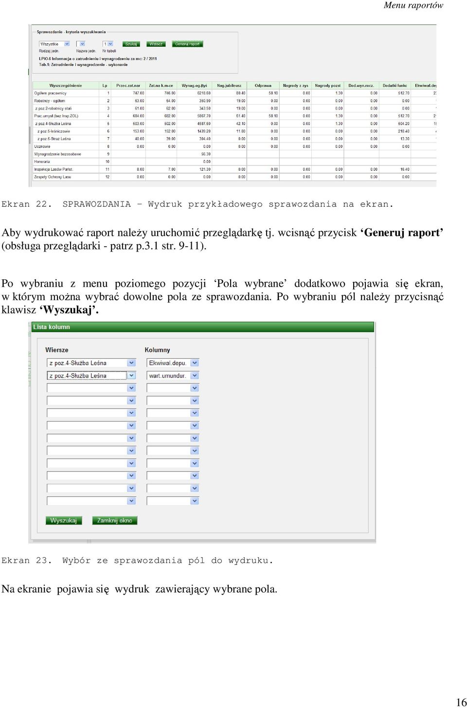 Po wybraniu z menu poziomego pozycji Pola wybrane dodatkowo pojawia się ekran, w którym można wybrać dowolne pola ze