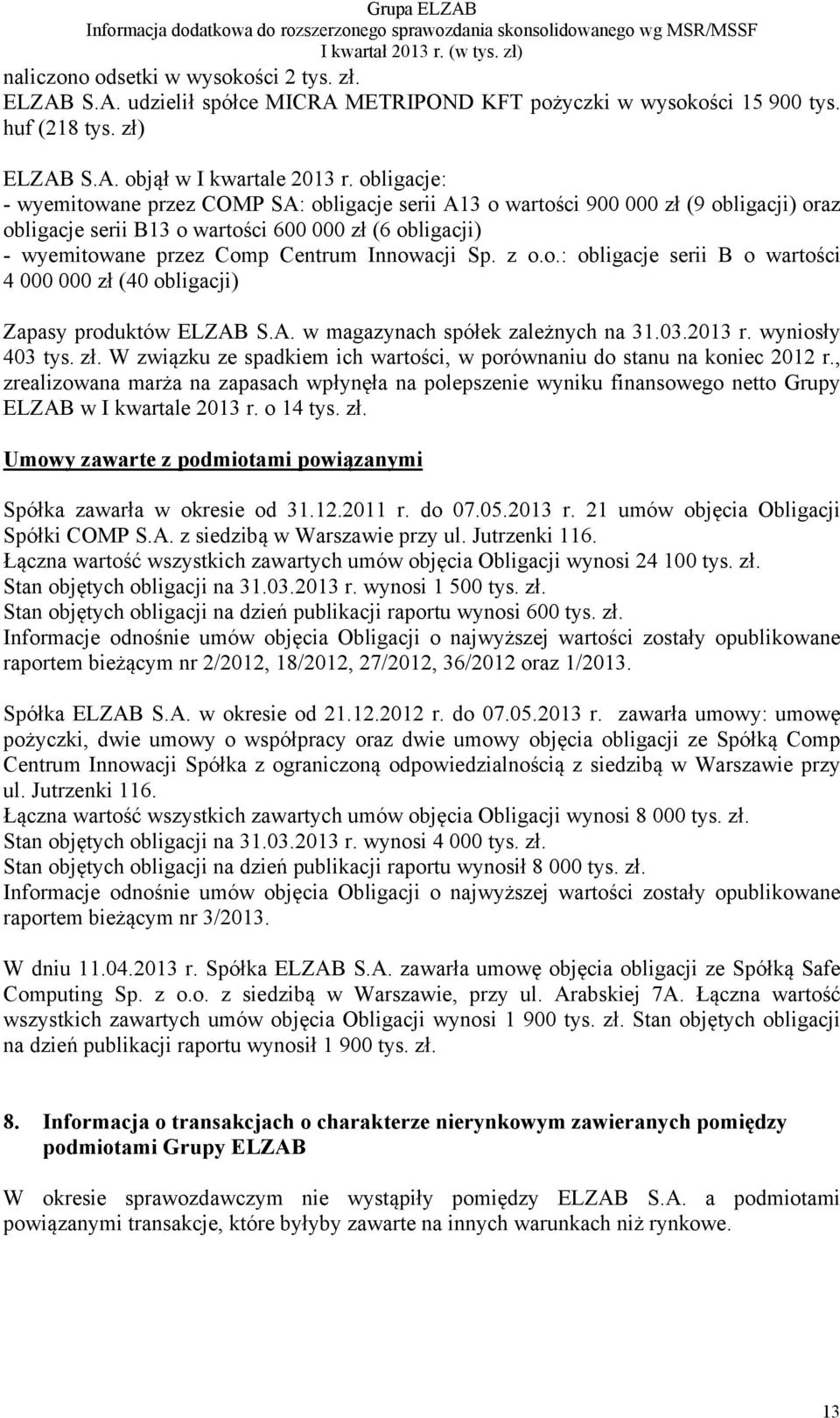 Sp. z o.o.: obligacje serii B o wartości 4 000 000 zł (40 obligacji) Zapasy produktów ELZAB S.A. w magazynach spółek zależnych na 31.03.2013 r. wyniosły 403 tys. zł. W związku ze spadkiem ich wartości, w porównaniu do stanu na koniec 2012 r.