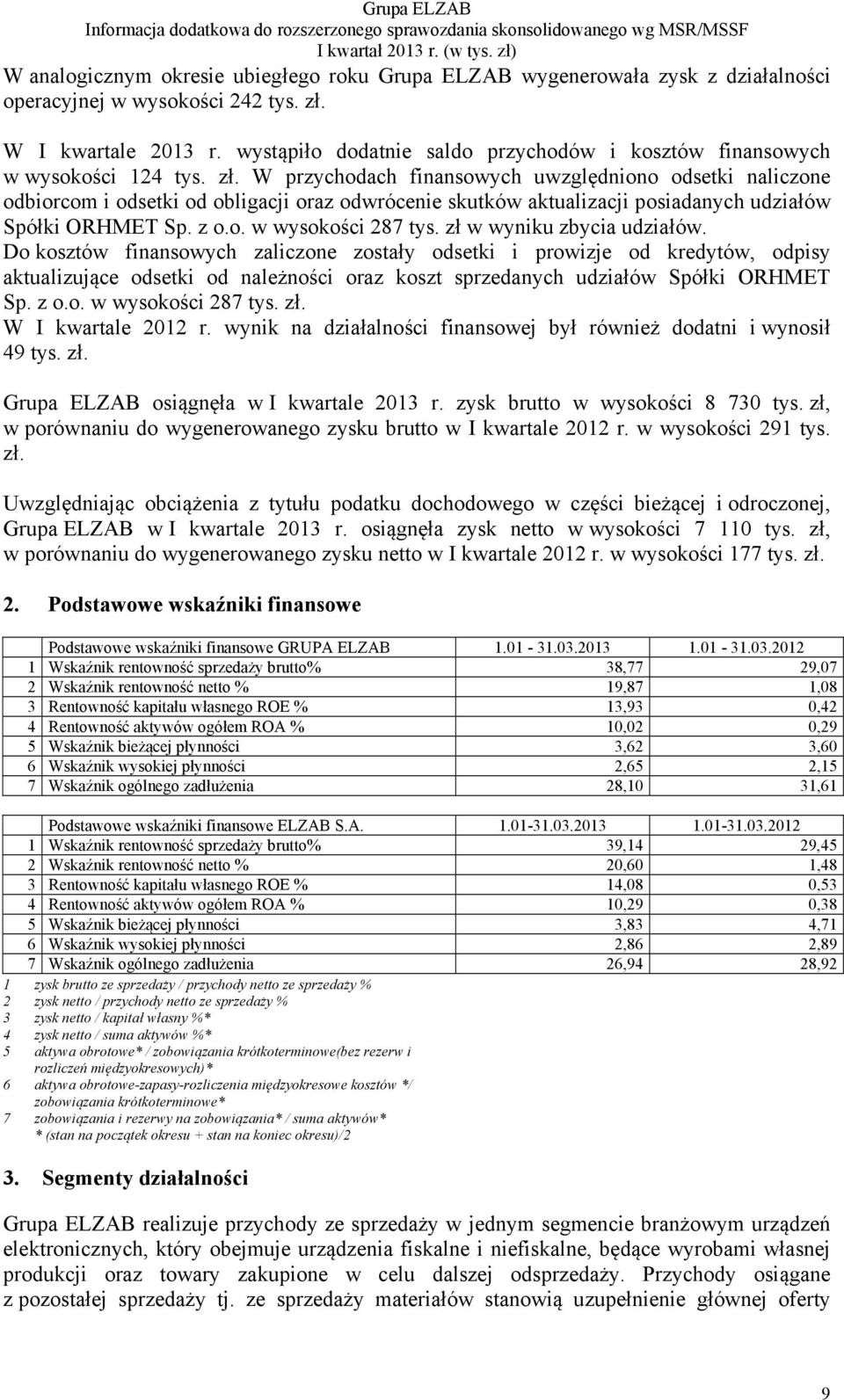 W przychodach finansowych uwzględniono odsetki naliczone odbiorcom i odsetki od obligacji oraz odwrócenie skutków aktualizacji posiadanych udziałów Spółki ORHMET Sp. z o.o. w wysokości 287 tys.