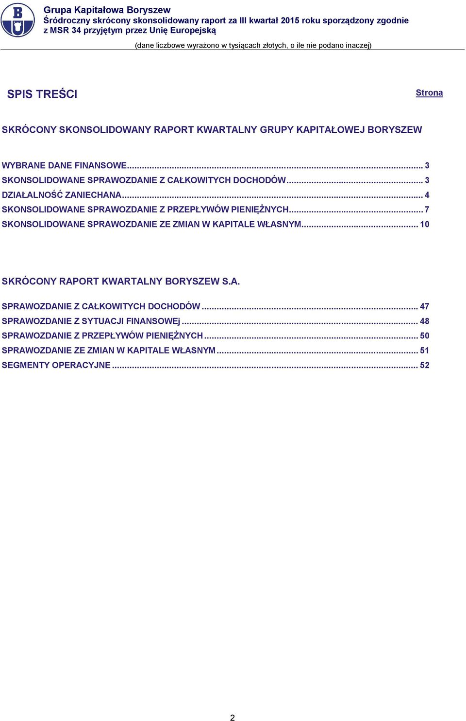 .. 7 SKONSOLIDOWANE SPRAWOZDANIE ZE ZMIAN W KAPITALE WŁASNYM... 10 SKRÓCONY RAPORT KWARTALNY BORYSZEW S.A. SPRAWOZDANIE Z CAŁKOWITYCH DOCHODÓW.