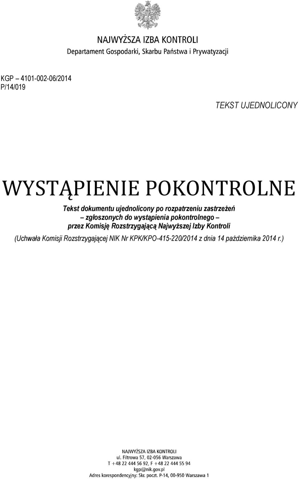 pokontrolnego przez Komisję Rozstrzygającą Najwyższej Izby Kontroli (Uchwała