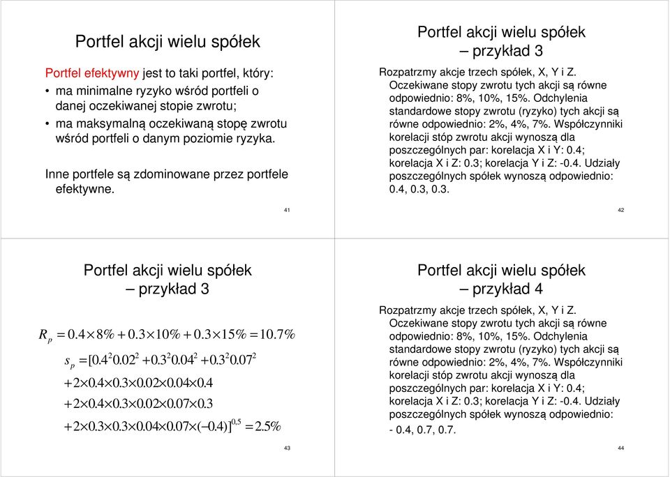 Odchylea tadardoe topy zrotu (ryzyko) tych akcj ą róe odpoedo: %, 4%, 7%. Wpółczyk korelacj tóp zrotu akcj yozą dla pozczególych par: korelacja X Y:.4; korelacja X Z:.3; korelacja Y Z: -.4. Udzały pozczególych półek yozą odpoedo:.