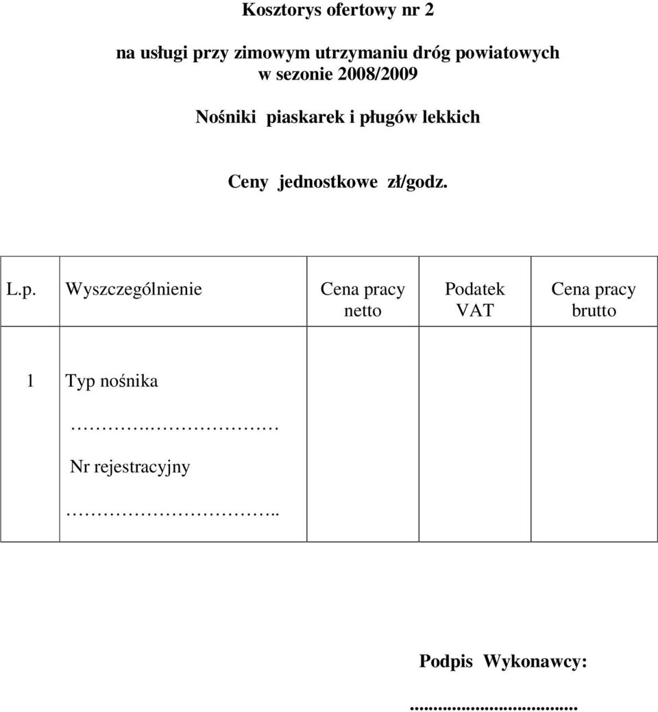 Ceny jednostkowe zł/godz. L.p.