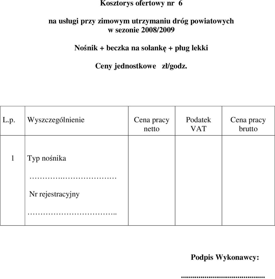 Ceny jednostkowe zł/godz. L.p.