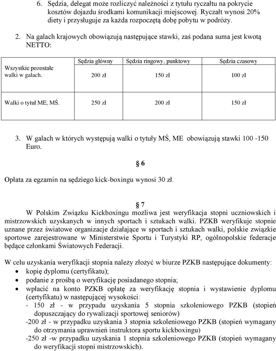 Sędzia główny Sędzia ringowy, punktowy Sędzia czasowy 200 zł 150 zł 100 zł Walki o tytuł ME, MŚ. 250 zł 200 zł 150 zł 3.