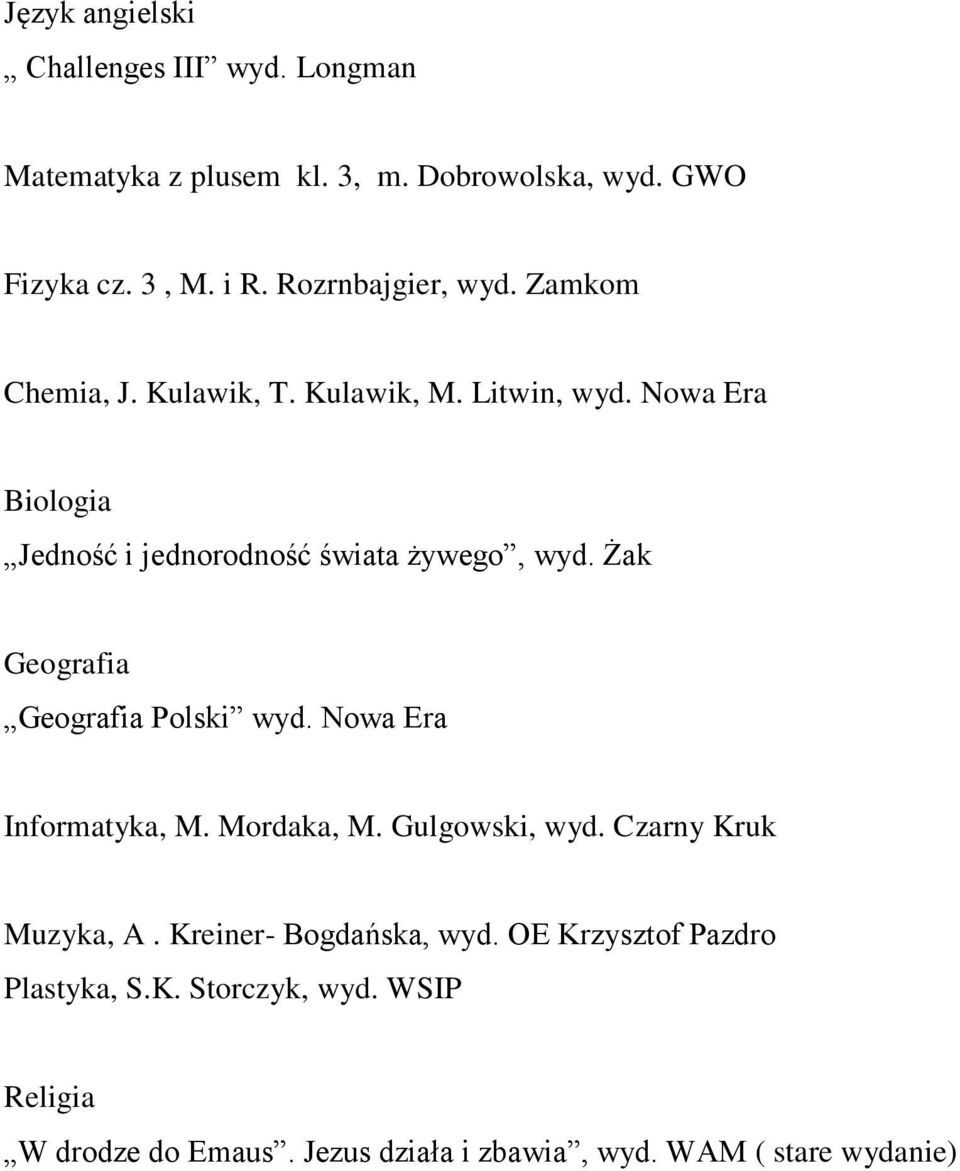 Nowa Era Biologia Jedność i jednorodność świata żywego, wyd. Żak Geografia Geografia Polski wyd. Nowa Era Informatyka, M.