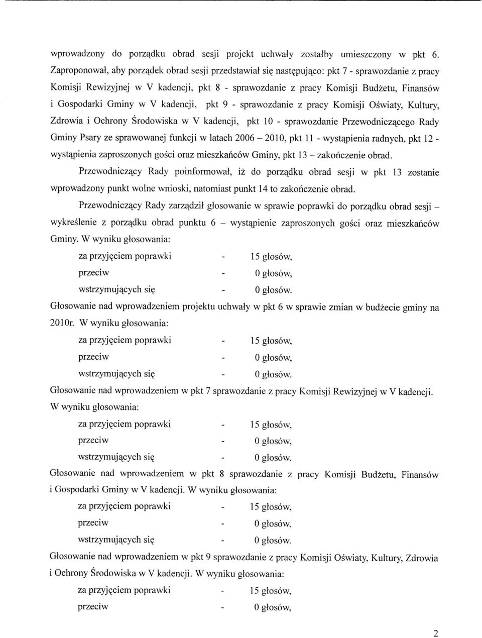 Komisji Oswiaty, Kultury, Zdrowia i Ochrony Srodowiska w V kadencji, pkt 10 - sprawozdanie Przewodniczajcego Rady Gminy Psary ze sprawowanej funkcji w latach 2006-2010, pkt 11 - wystapienia radnych,