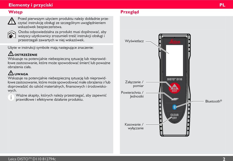 Użyte w instrukcji symbole mają następujące znaczenie: Wskazuje na potencjalnie niebezpieczną sytuację lub nieprawidłowe zastosowanie, które może spowodować śmierć lub poważne obrażenia ciała.