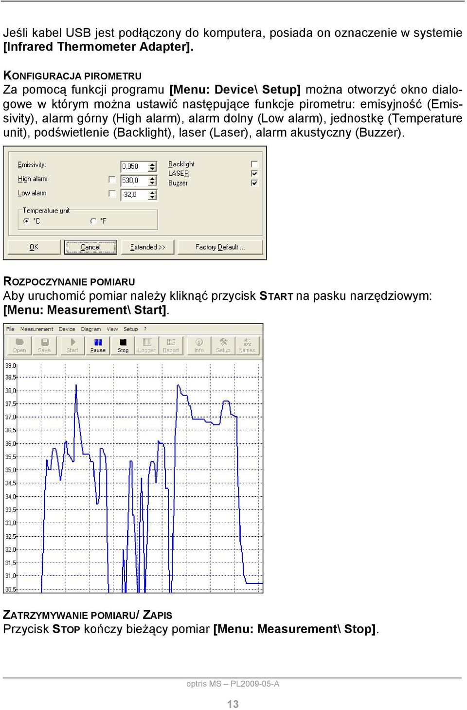 emisyjność (Emissivity), alarm górny (High alarm), alarm dolny (Low alarm), jednostkę (Temperature unit), podświetlenie (Backlight), laser (Laser), alarm akustyczny